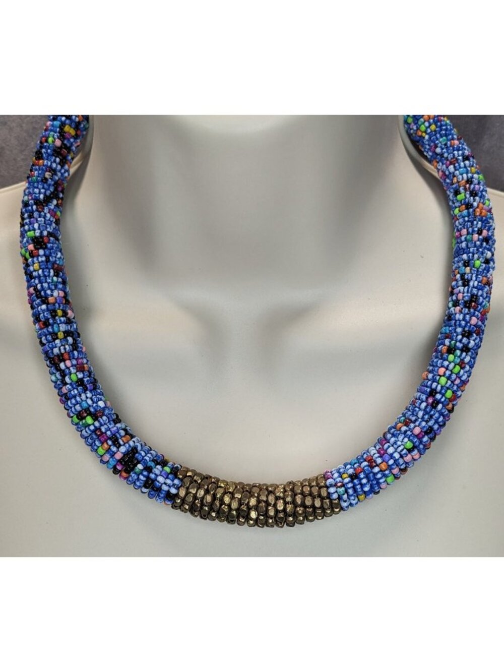 Vintage Boho Eclectic Blue Multicolor Seed Bead Tube Statement Necklace